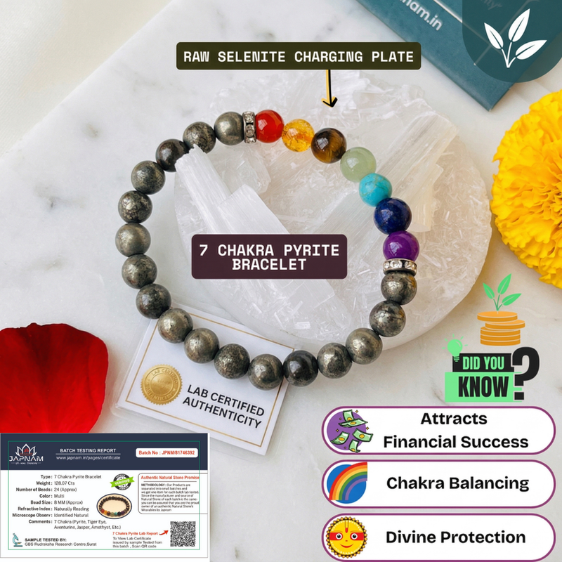 🌈 7 Chakra Pyrite Bracelet + ✨ Selenite Plate Combo (Certified) + 🪙 Gift (Laxmi Ji Silver-Plated Coin)