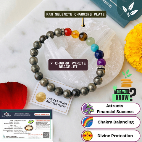 🌈 7 Chakra Pyrite Bracelet + ✨ Selenite Plate Combo (Certified) + 🪙 Gift (Laxmi Ji Silver-Plated Coin)