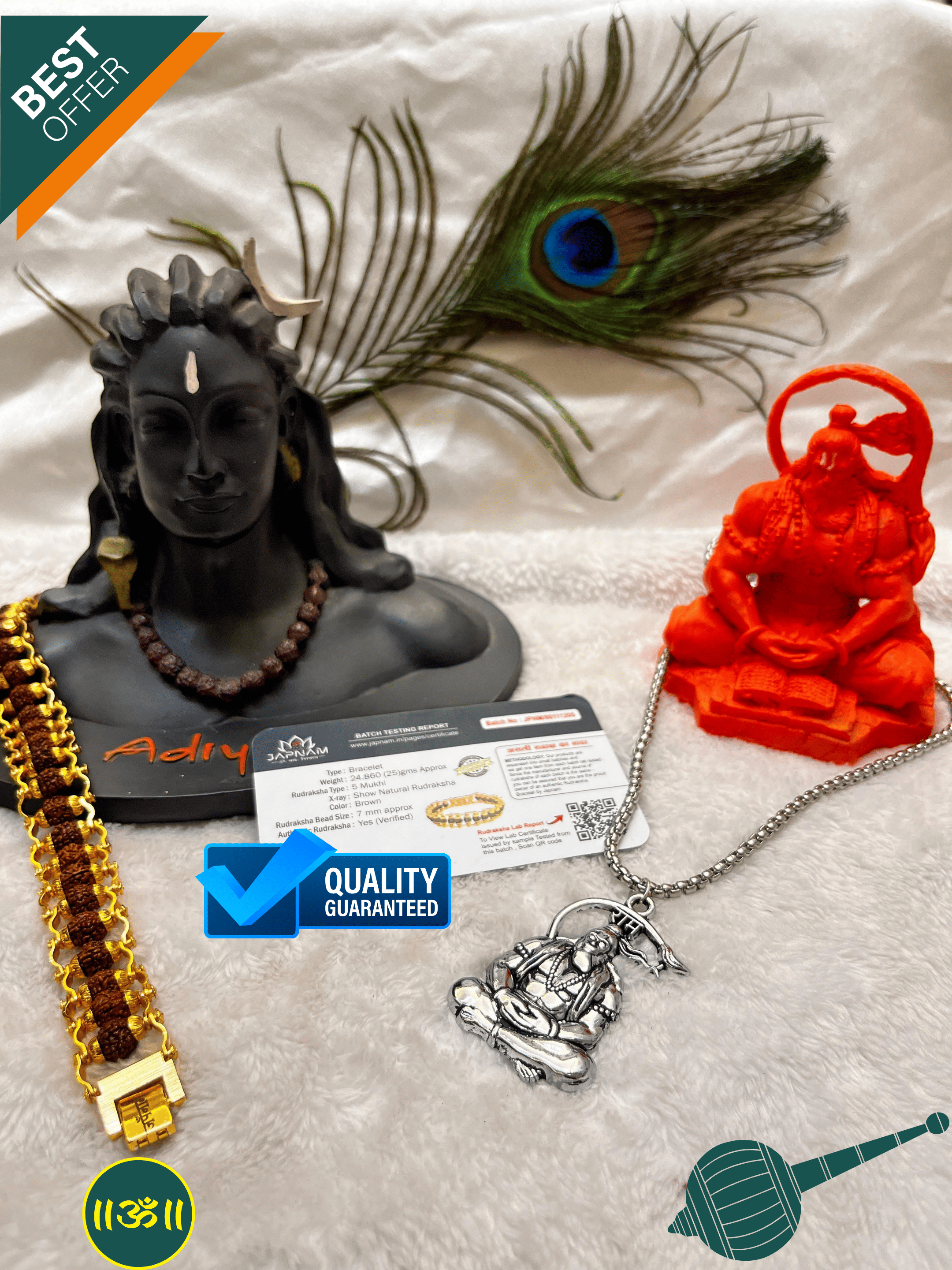 Meditation Hanuman Ji - Hanuman Raksha Kavach Silver Pendant Chain + Modern 5 Mukhi Rudraksha Bracelet Combo + Mysterious🎁Gift