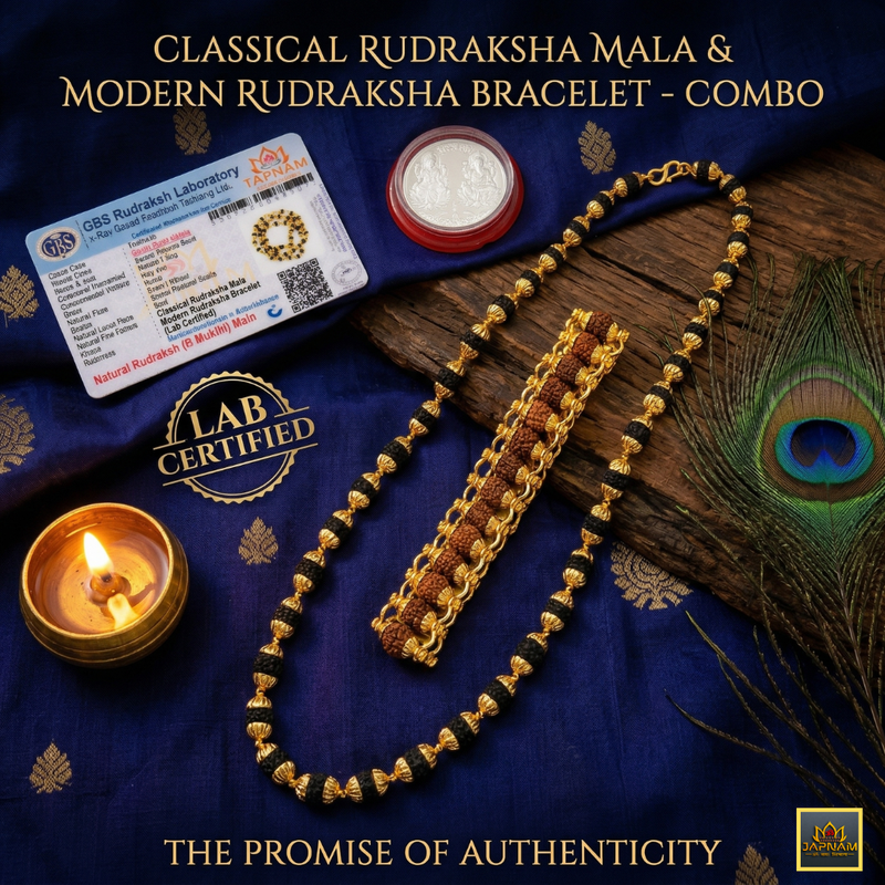 Classic Rudraksha Mala + Designer Bracelet (5 mukhi) Combo