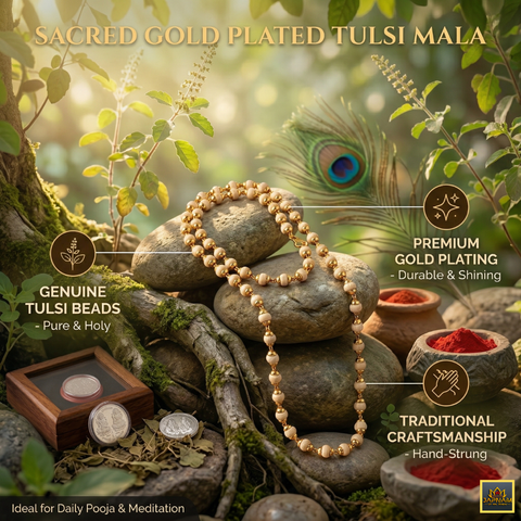 🌿 Golden Plated Tulsi Mala + 🎁 FREE Gift (5 Mukhi Rudraksha)