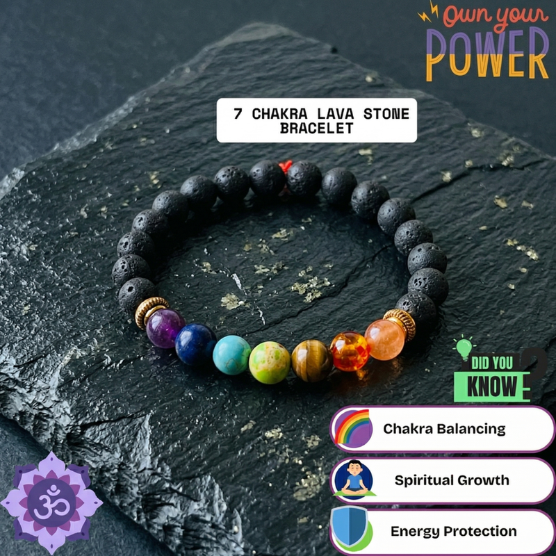 🌈 7 Chakra Lava Stone Crystal Bracelet + 🎁 Free Laxmi Silver Plated Coin! 🖤✨