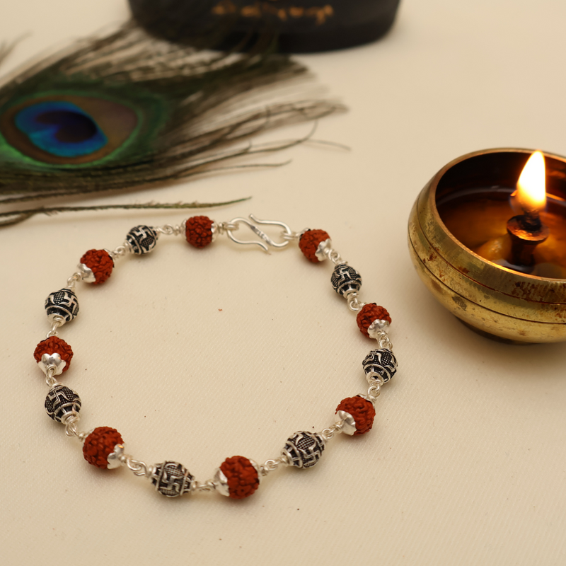 Original Silver & Authentic Rudraksha – Swastik Beads Bracelet || [925 Original Silver]