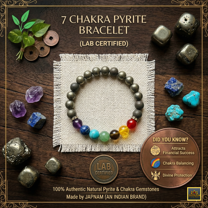 🌈 7 Chakra Pyrite Bracelet + 🎁 Gift (Laxmi Ji Silver-Plated Coin) – Certified