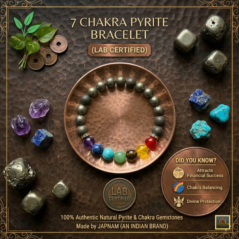 🌈 7 Chakra Pyrite Bracelet + 🎁 Gift (Laxmi Ji Silver-Plated Coin) – Certified