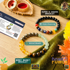 Money Magnet + Super 9 Chakra - Bracelet Lab certified Combo + 🪙 Gift (Laxmi Ji Silver-Plated Coin) – Wealth, Balance & Divine Blessings