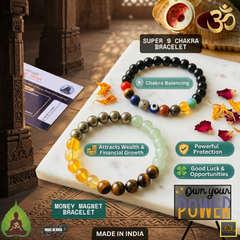 Money Magnet + Super 9 Chakra - Bracelet Lab certified Combo + 🪙 Gift (Laxmi Ji Silver-Plated Coin) – Wealth, Balance & Divine Blessings