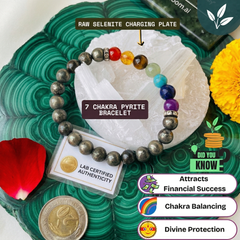 🌈 7 Chakra Pyrite Bracelet + ✨ Selenite Plate Combo (Certified) + 🪙 Gift (Laxmi Ji Silver-Plated Coin)