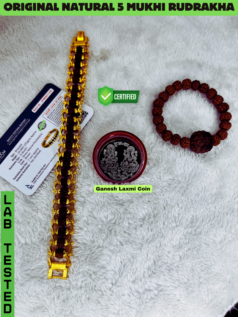 Authentic 5 Mukhi Rudraksha Bracelet - Buy Now & Get a FREE Divine Rudraksha Bracelet (Lab Certified) + 🎁 Laxmi Ganesha Silver Plated Coin!