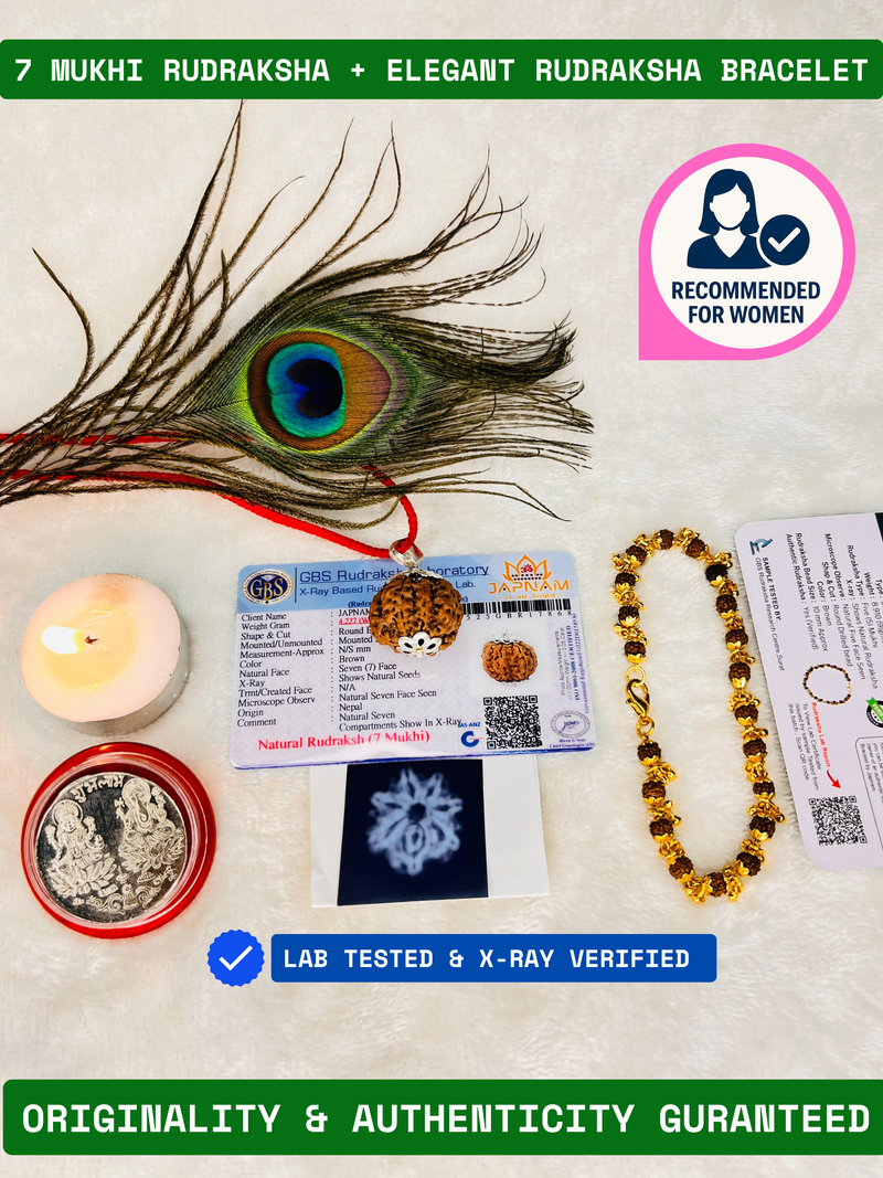 (Lab Certified & X-Ray Verified) 7 Mukhi Rudraksha + Modern 5 Mukhi Bracelet With Free 🎁 Laxmi jii Silver Plated Coin