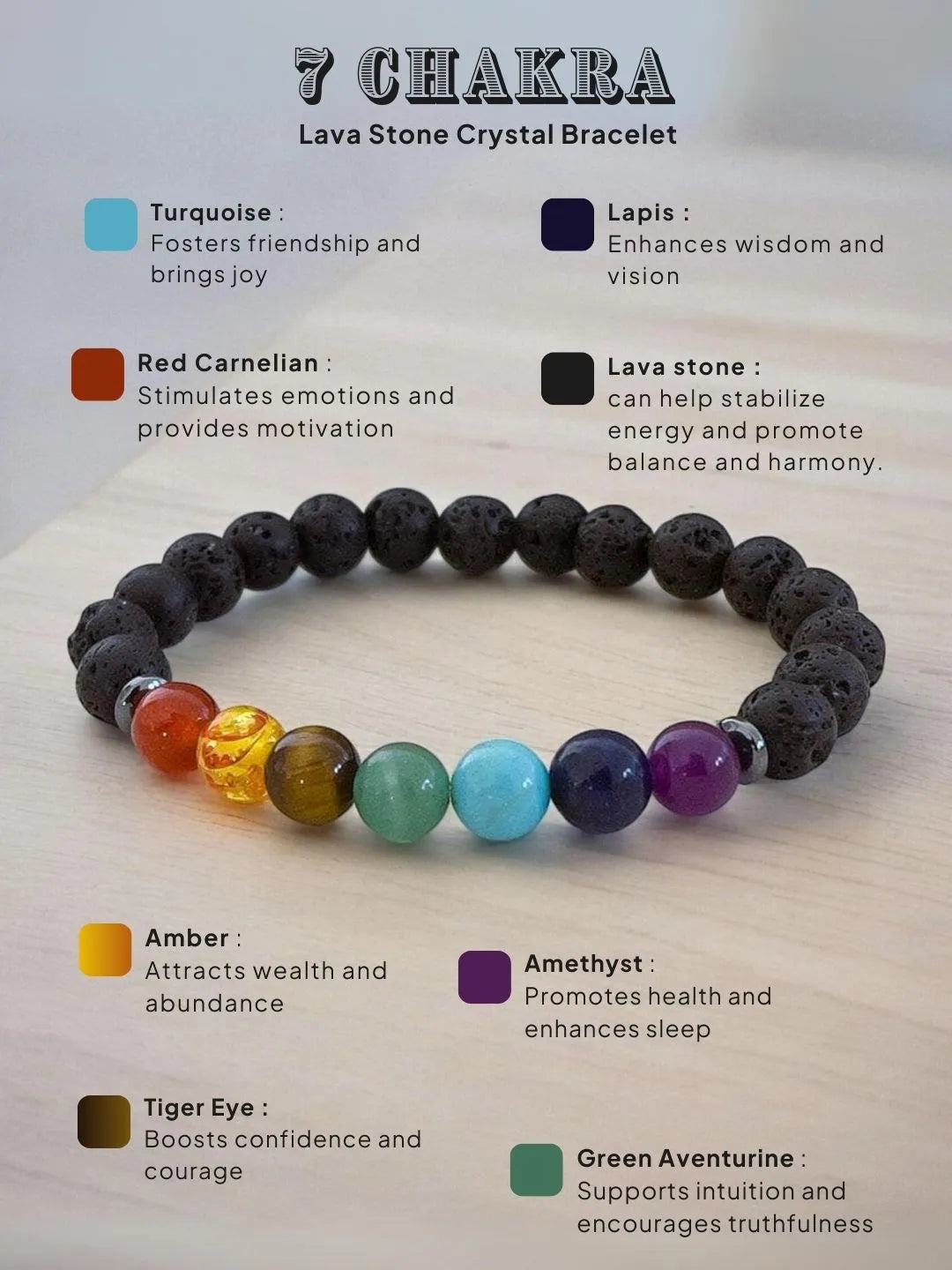 🌈 7 Chakra Lava Stone Crystal Bracelet + 🎁 Free Laxmi Silver Plated Coin! 🖤✨