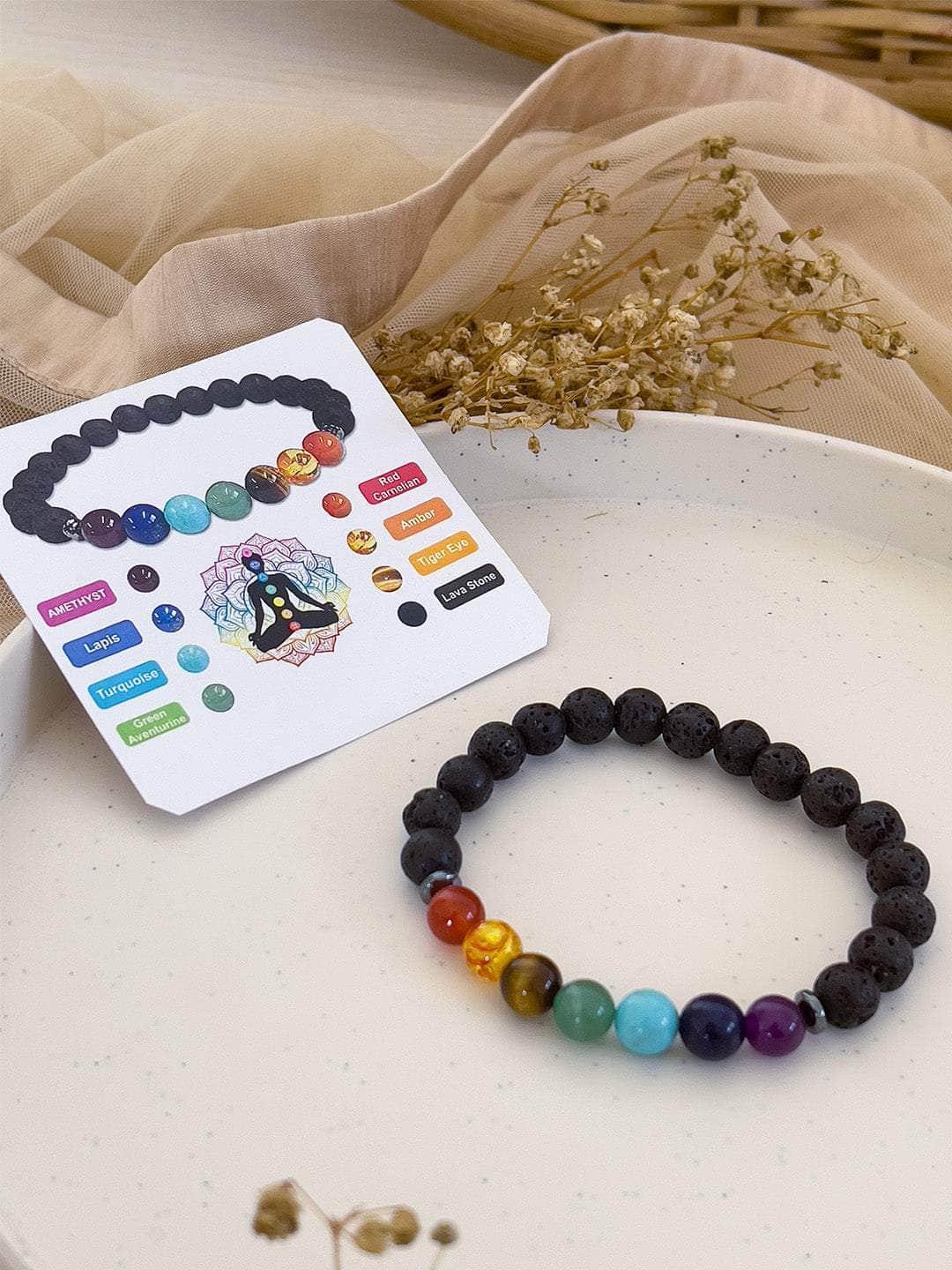 🌈 7 Chakra Lava Stone Crystal Bracelet + 🎁 Free Laxmi Silver Plated Coin! 🖤✨