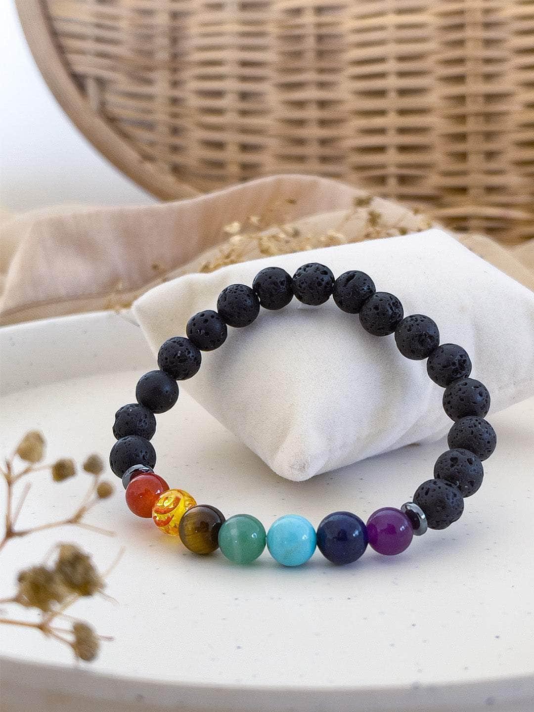 🌈 7 Chakra Lava Stone Crystal Bracelet + 🎁 Free Laxmi Silver Plated Coin! 🖤✨