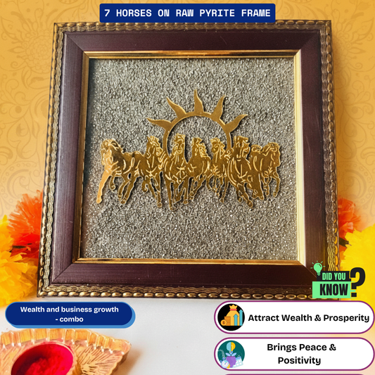 🐎 7 Horses on Raw Pyrite Frame + Gift [Om Trishool 🔱 Rudraksha Keyring – [Energized]