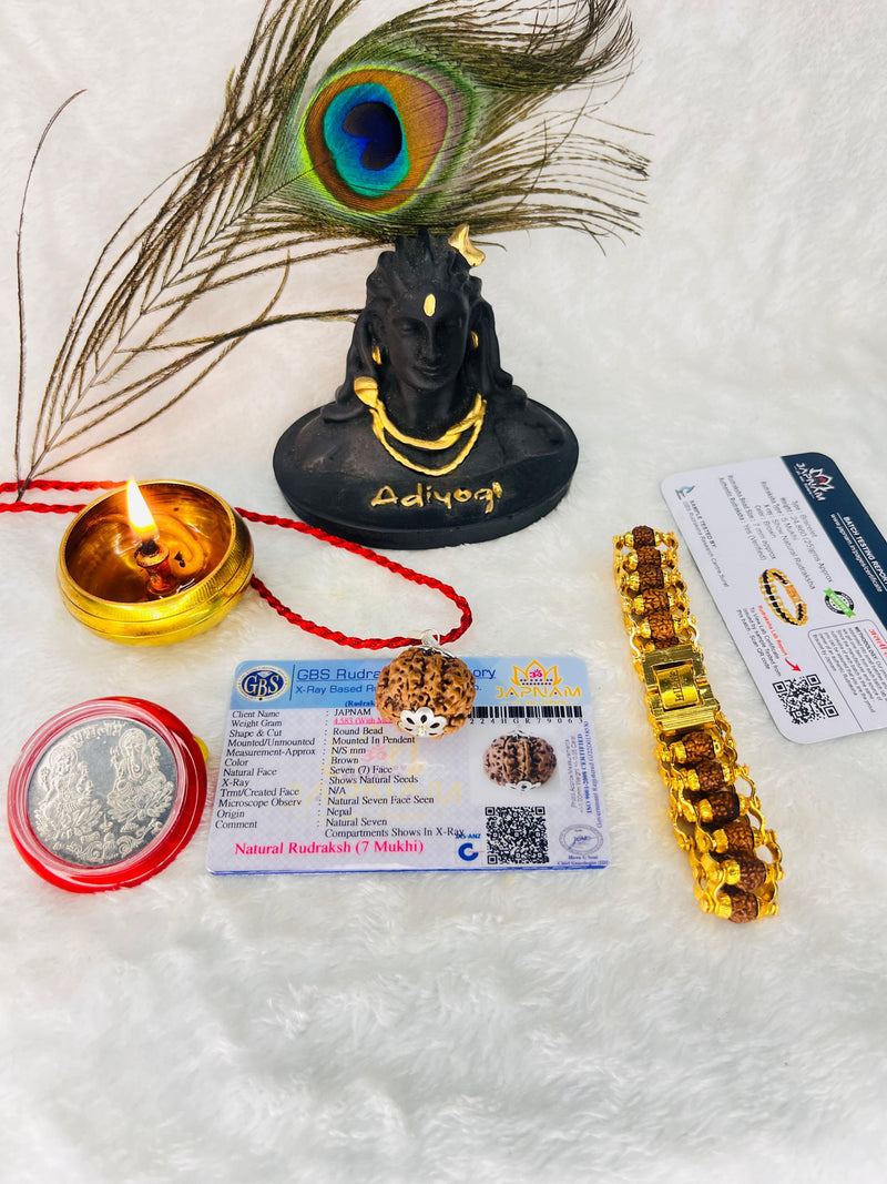 (Lab Certified & X-Ray Verified) 7 Mukhi Rudraksha + Modern 5 Mukhi Bracelet With Free 🎁 Laxmi jii Silver Plated Coin
