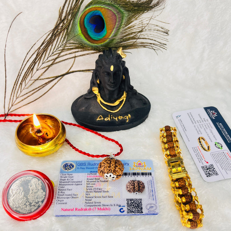 (Lab Certified & X-Ray Verified) 7 Mukhi Rudraksha + Modern 5 Mukhi Bracelet With Free 🎁 Laxmi jii Silver Plated Coin