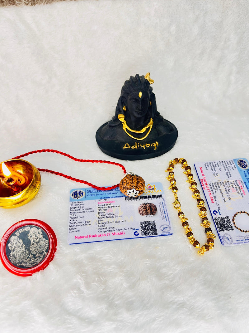 (Lab Certified & X-Ray Verified) 7 Mukhi Rudraksha + Modern 5 Mukhi Bracelet With Free 🎁 Laxmi jii Silver Plated Coin