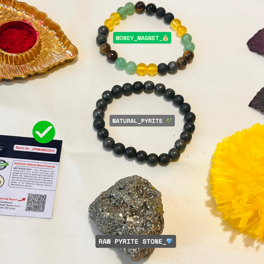 3-in-1 Divine Kit || ✨ Money Magnet Bracelet + Choice of Crystal Bracelet + Natural Raw Pyrite Stone (80–120 GM Cluster) – Certified Prosperity Combo