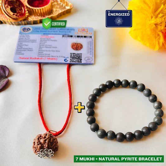 📿 7 Mukhi Rudraksha + Natural Pyrite Bracelet Combo (Lab-Certified) + 🎁 Mysterious Gift