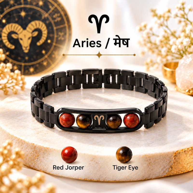 ♈ Metal Zodiac Rashi Bracelet – All 12 Signs ✨ Energized Natural Stone Bracelet