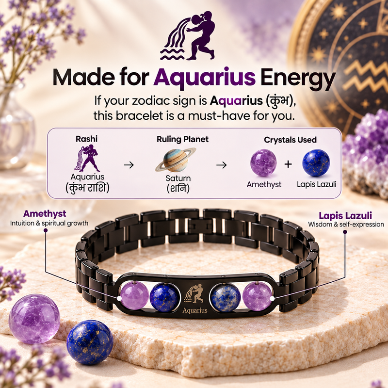♈ Metal Zodiac Rashi Bracelet – All 12 Signs ✨ Energized Natural Stone Bracelet