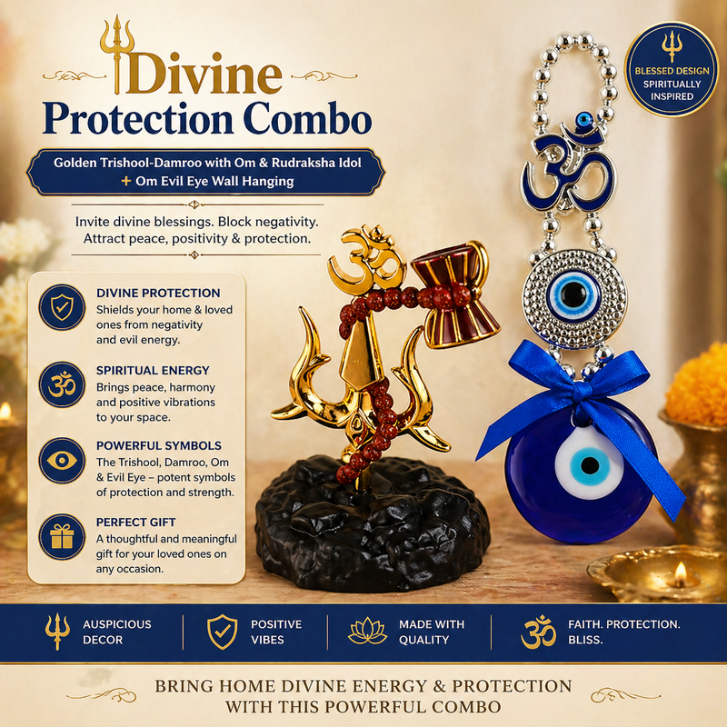 🔱 Divine Protection Combo – Golden Trishool-Damroo with Om & Rudraksha Idol + 🧿 Om Evil Eye Wall Hanging