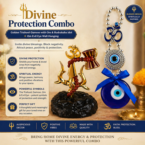 🔱 Divine Protection Combo – Golden Trishool-Damroo with Om & Rudraksha Idol + 🧿 Om Evil Eye Wall Hanging