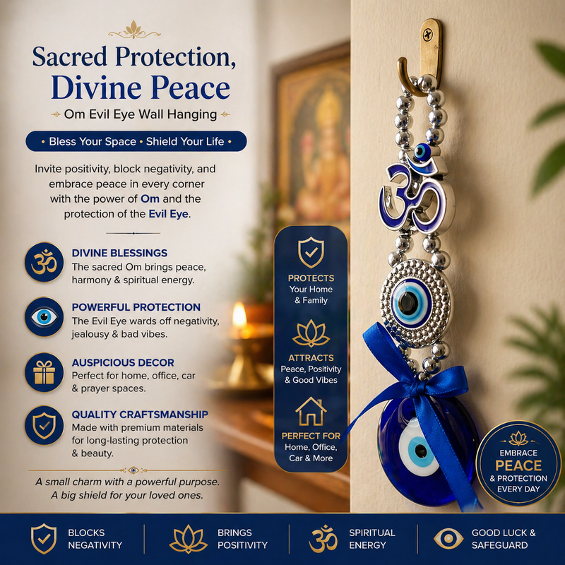 🔱 Divine Protection Combo – Golden Trishool-Damroo with Om & Rudraksha Idol + 🧿 Om Evil Eye Wall Hanging