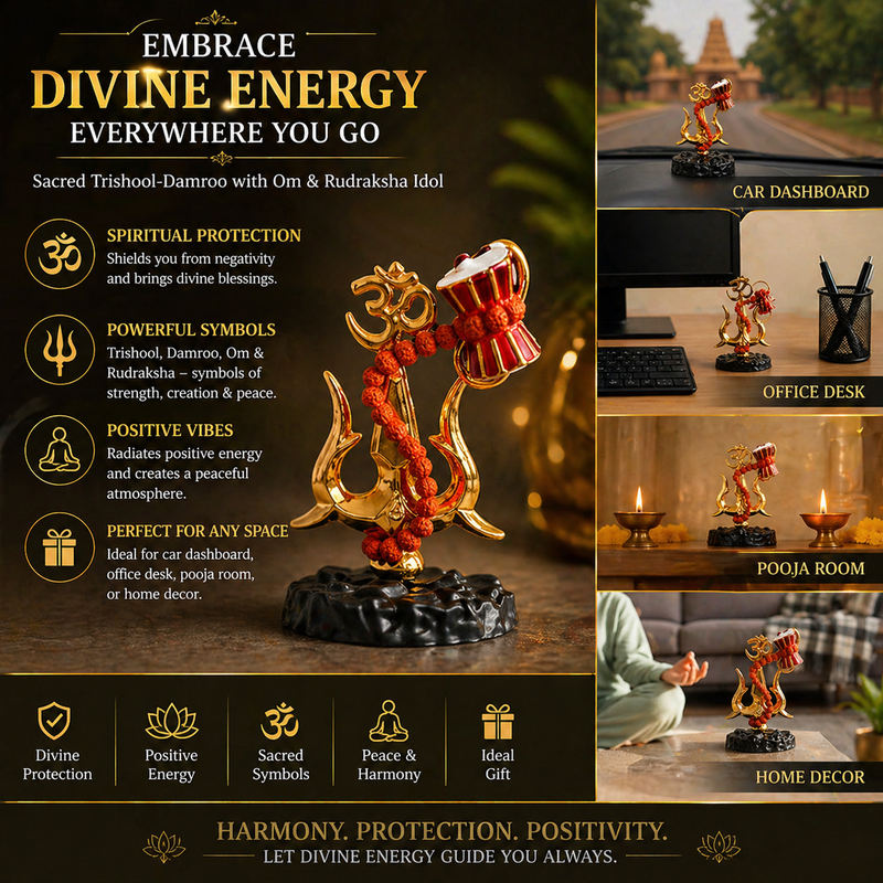 🔱 Divine Protection Combo – Golden Trishool-Damroo with Om & Rudraksha Idol + 🧿 Om Evil Eye Wall Hanging