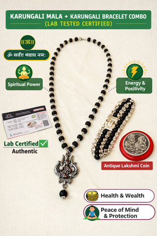 🌿 Karungali Mala with OM Trishool Pendant + Bracelet Combo (Lab Certified) + 🎁 Free Laxmi Silver-Plated Coin