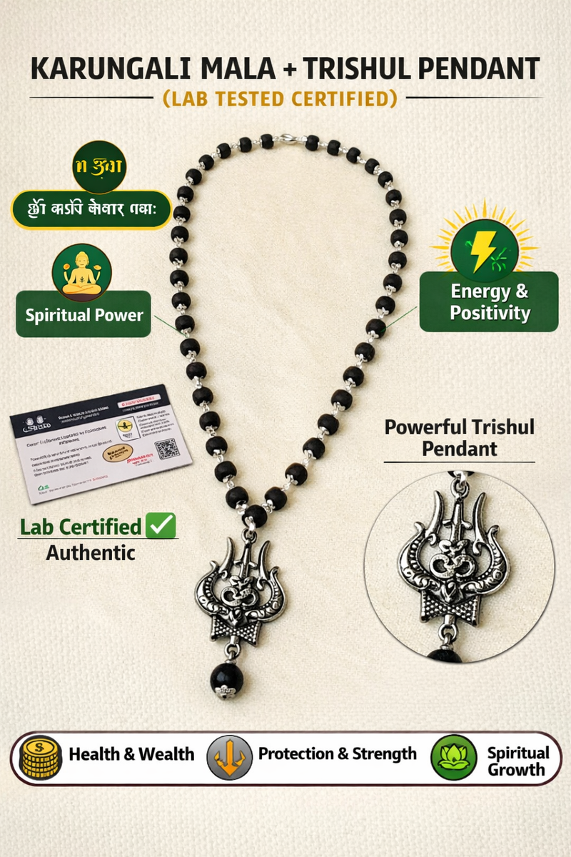 🌿 Karungali Mala with OM Trishool Pendant + Bracelet Combo (Lab Certified) + 🎁 Free Laxmi Silver-Plated Coin