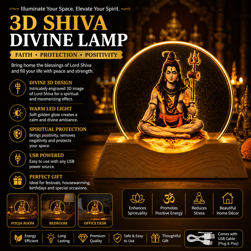 🕉️ 3D Lord Shiva Creative LED Lamp with Wooden Base
