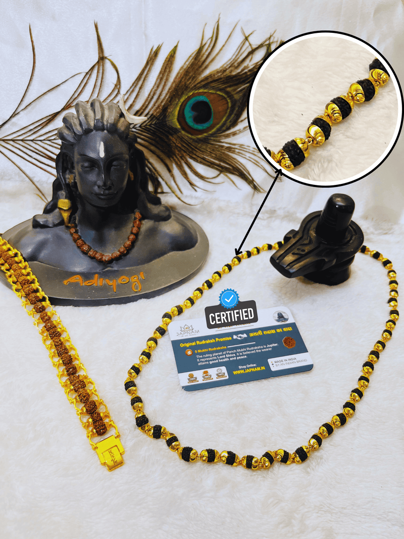 Classic Rudraksha Mala + Designer Bracelet (5 mukhi) Combo