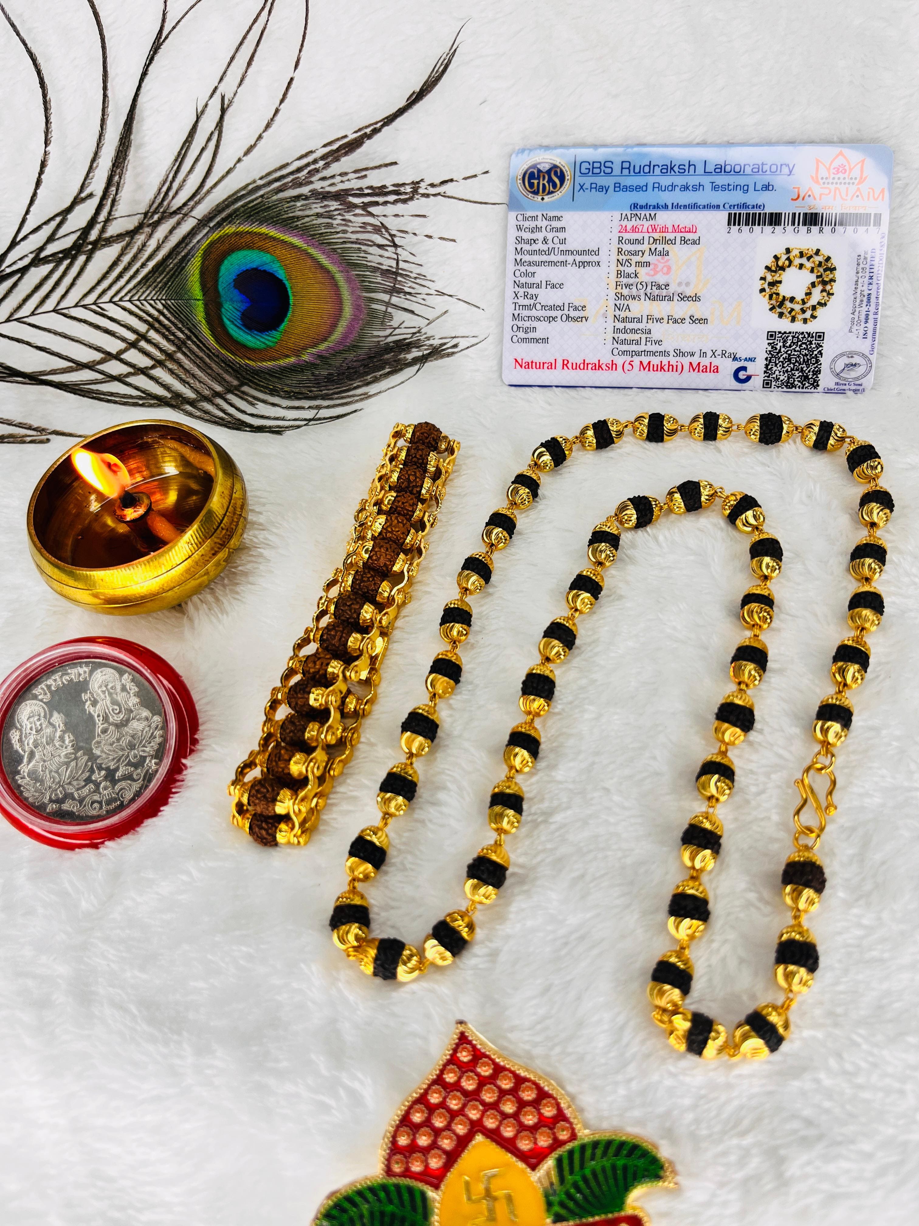 (1 +1+Gift) Classic Rudraksha Mala + Designer Bracelet (5 mukhi) Combo with Free 🎁 Laxmi Ganesha Silver Plated Coin!