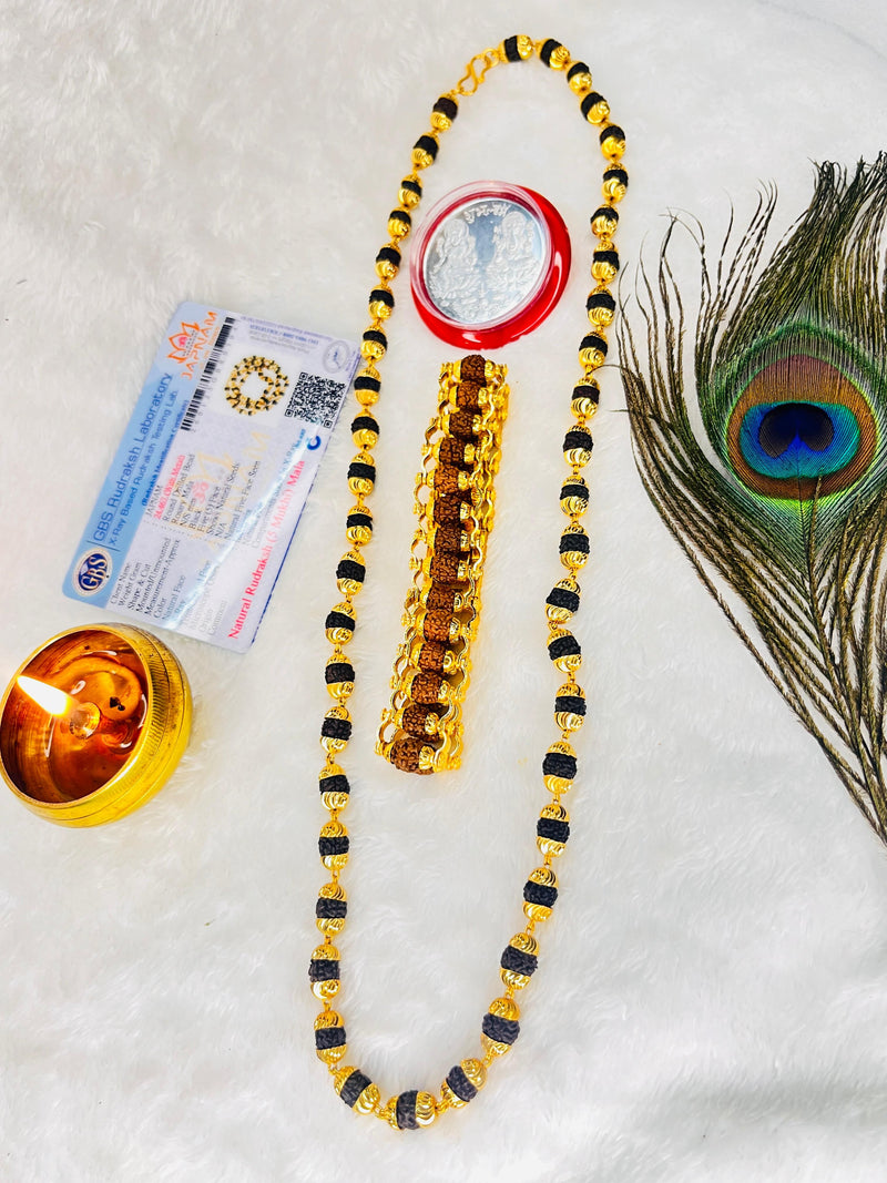 Classic Rudraksha Mala + Designer Bracelet (5 mukhi) Combo