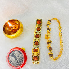 (1 +1+Gift) Golden Couple Rudraksha Designer Bracelets (5 Mukhi) - Elegant Combo with a Gift 🎁 Laxmi Silver Plated Coin💫