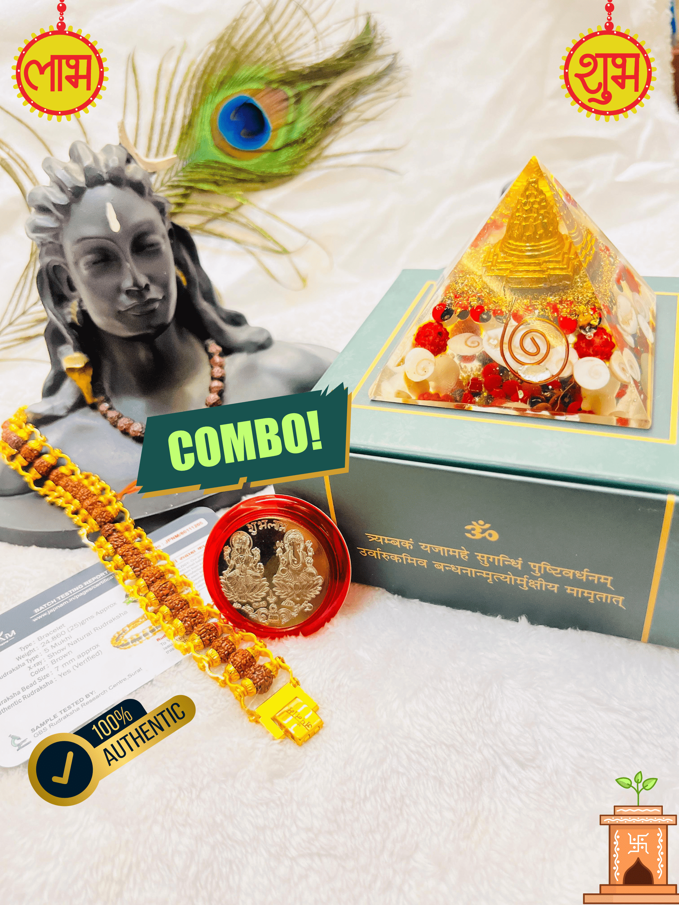 Dhan Laxmi Pyramid (For Wealth, Financial Stability and Prosperity) + Modern 5 Mukhi Rudraksha Bracelet + 𝐅𝐫𝐞𝐞 🎁 Laxmi Ganesha Silver Plated Coin