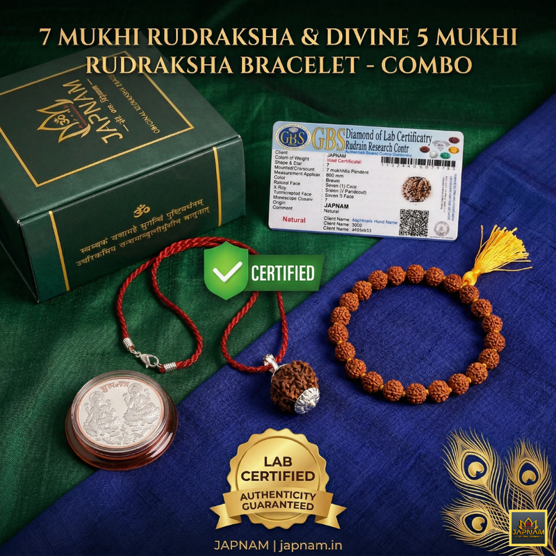 (1 +1+Gift) 7 Mukhi Rudraksha Combo + Divine 5 Mukhi Rudraksha Bracelet (Lab Certified) with Gift 🎁 Laxmi Silver Plated Coin