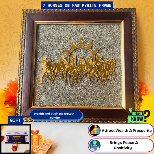 🐎 7 Horses on Raw Pyrite Frame + Gift [Om Trishool 🔱 Rudraksha Keyring – [Energized]