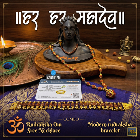 Rudraksha Om Sree Necklace + Modern 5 Mukhi Rudraksha Bracelet - Combo (Lab certified) + Mysterious🎁Gift