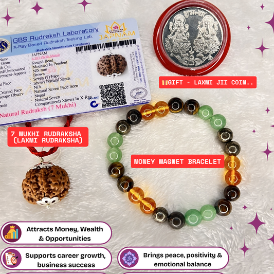 7 Mukhi Rudraksha (Lab certified) + Money Magnet Bracelet – Unlock Wealth & Prosperity ✨💰+ Gift 🎁 Laxmi Silver Plated Coin
