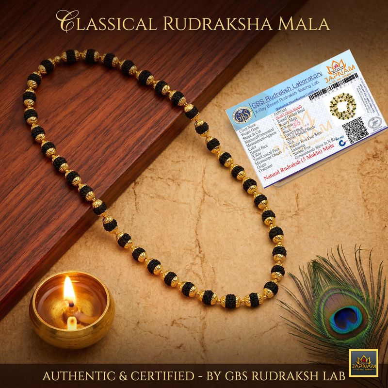 Classic Rudraksha Mala + Designer Bracelet (5 mukhi) Combo