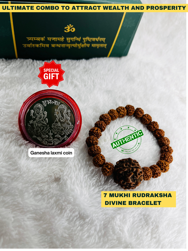 7 Mukhi Divine Rudraksha Bracelet - Original (Lab tested) + 𝐅𝐫𝐞𝐞 🎁 Laxmi Ganesha Silver Plated Coin