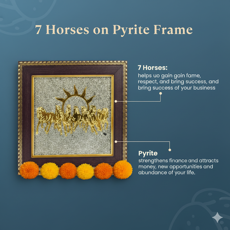 🐎 7 Horses on Raw Pyrite Frame + Gift [Om Trishool 🔱 Rudraksha Keyring – [Energized]