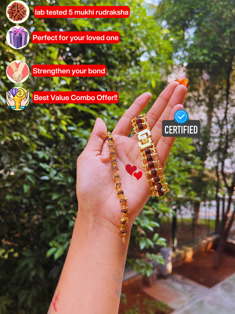 (1 +1+Gift) Golden Couple Rudraksha Designer Bracelets (5 Mukhi) - Elegant Combo with a Gift 🎁 Laxmi Silver Plated Coin💫