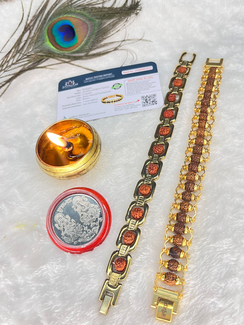 ✨ Modern Rudraksha Bracelet + Golden Elegant 5 Mukhi Bracelet Combo (Lab Tested) + Exclusive Mysterious 🎁 Gift