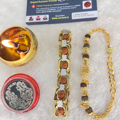 (1 +1+Gift) Golden Couple Rudraksha Designer Bracelets (5 Mukhi) - Elegant Combo with a Gift 🎁 Laxmi Silver Plated Coin💫