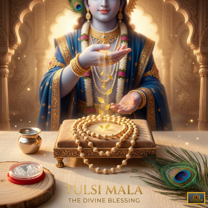🌿 Golden Plated Tulsi Mala + 🎁 FREE Gift (5 Mukhi Rudraksha)