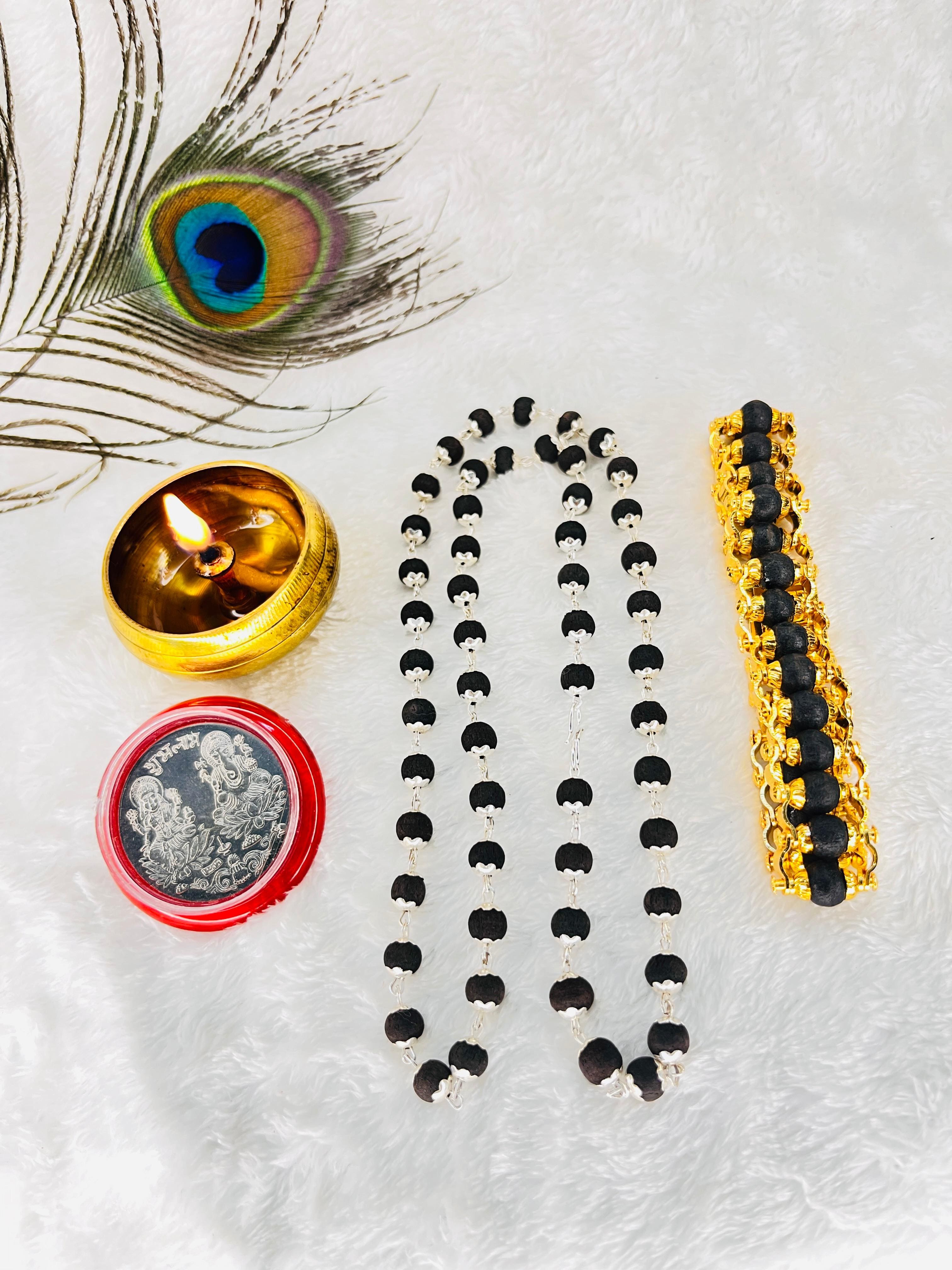 🌿 Silver-Plated Eternal Karungali Mala + bracelet combo – Crafted from Authentic Ebony Wood 🌟 & karungali bracelet combo + 🎁 Free Laxmi Silver Plated Coin! 🖤✨