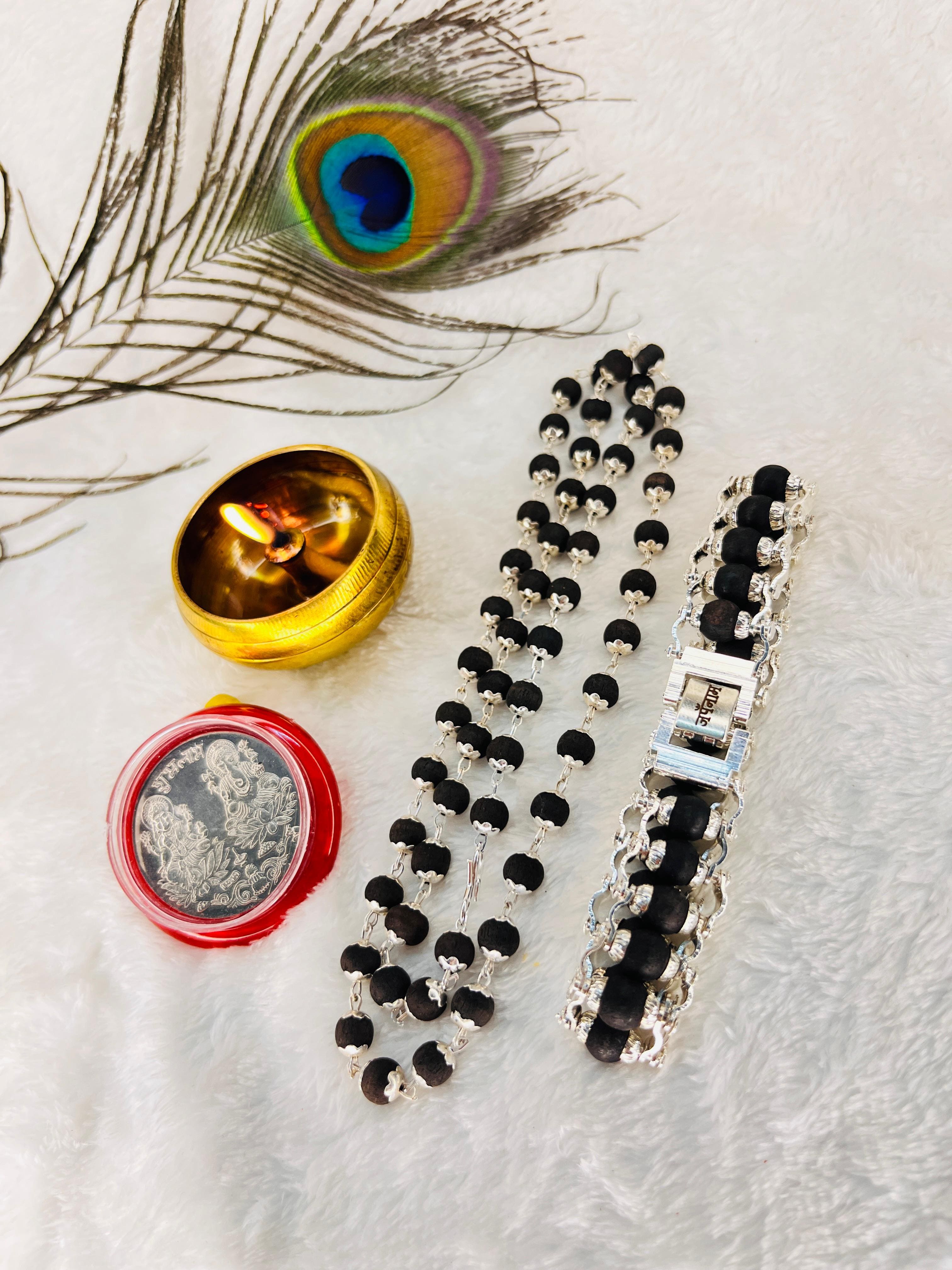 🌿 Silver-Plated Eternal Karungali Mala + bracelet combo – Crafted from Authentic Ebony Wood 🌟 & karungali bracelet combo + 🎁 Free Laxmi Silver Plated Coin! 🖤✨